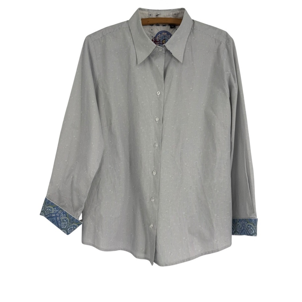 Robert Graham Mens XL Button Up White Blue Stripe Dress Shirt Paisley Flip cuff